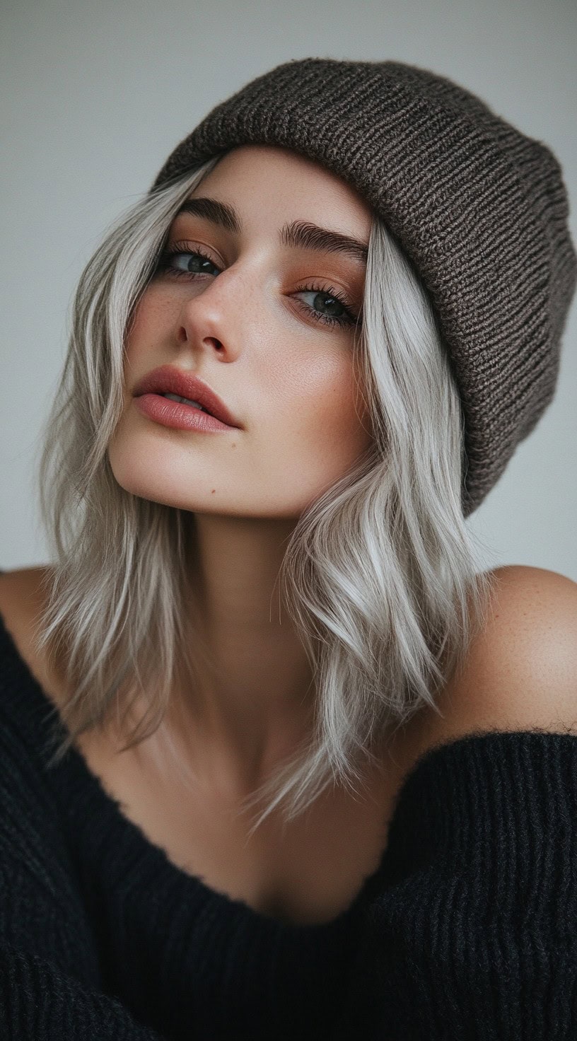 A young woman with a wavy bob and a brown beanie, exuding a relaxed yet chic vibe.