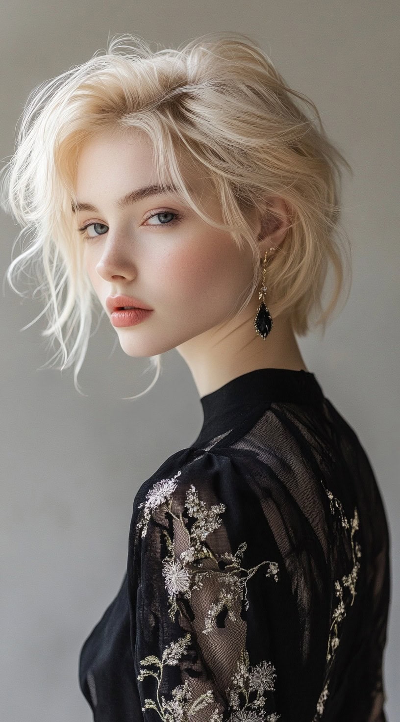 A woman with a wavy bob with tousled layers, wearing a black embroidered dress, giving a romantic and soft appearance.