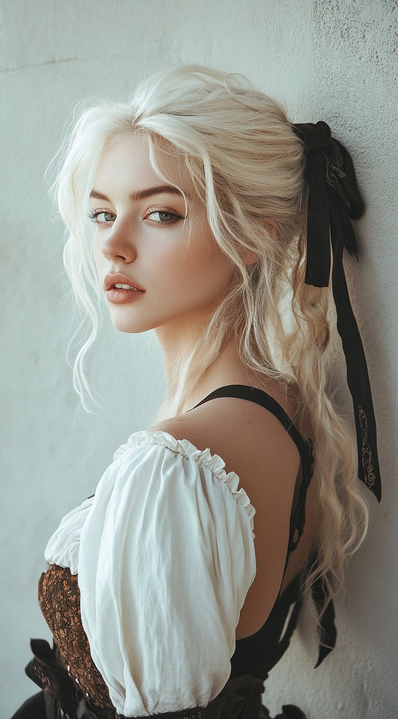 Young woman with a wavy ponytail tied with a black ribbon, wearing a white blouse.