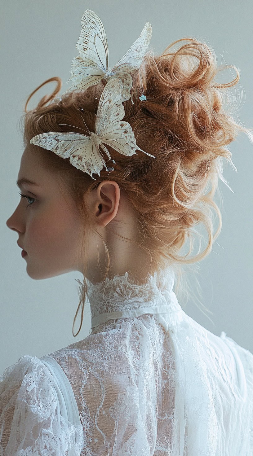 In this image, a woman with a wavy updo is adorned with butterfly accessories, creating a whimsical and fairy-like appearance.