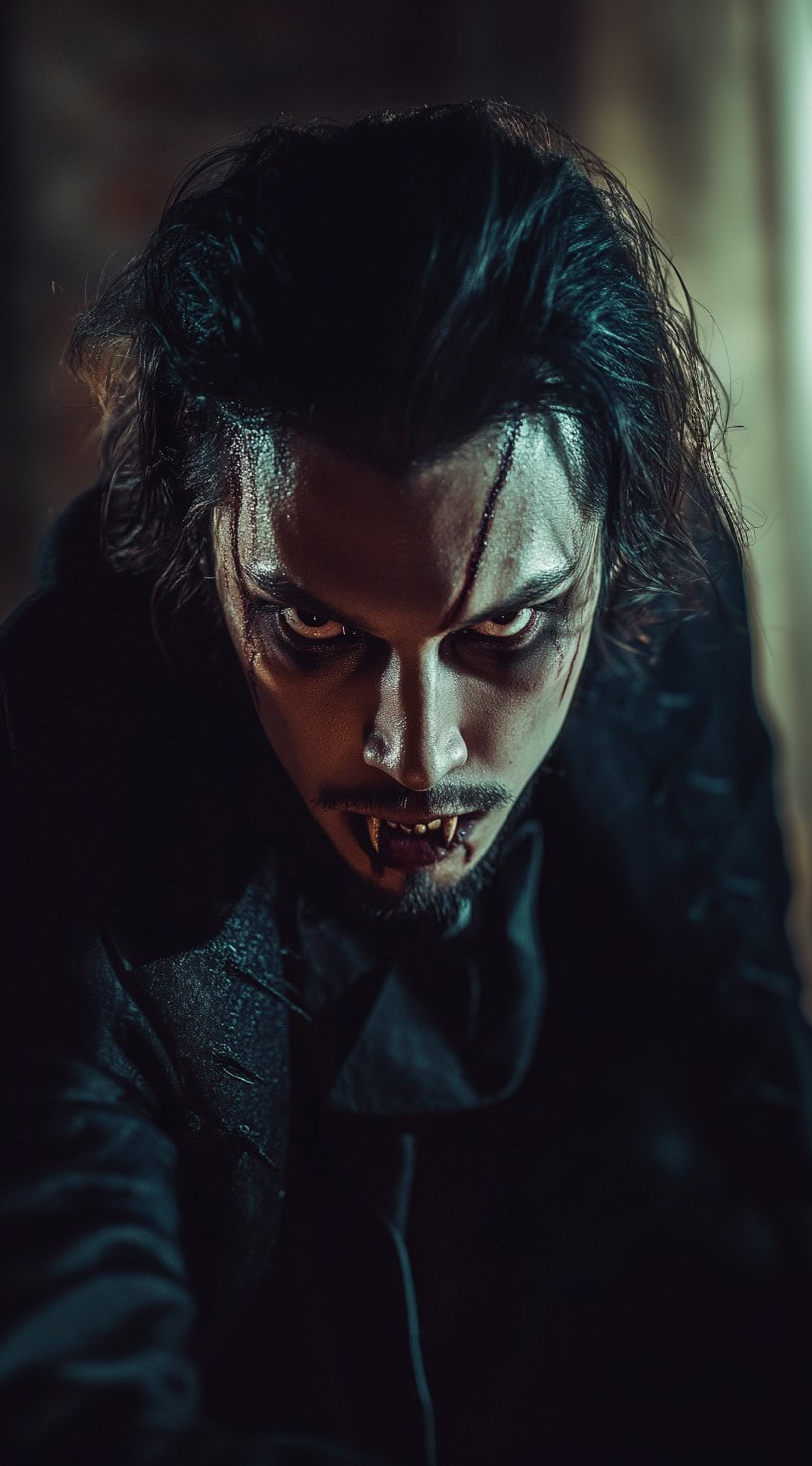 Front-facing shot of a man with wet, slicked-back hair and intense, dark makeup.