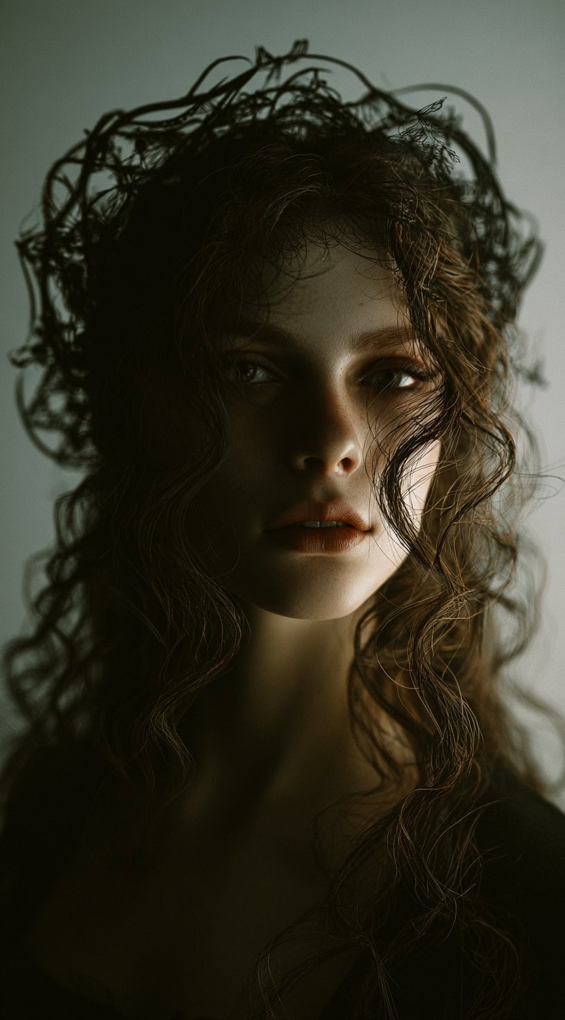 A woman with long, wild, wavy brown hair crowned with a twisted, natural-looking black headpiece.