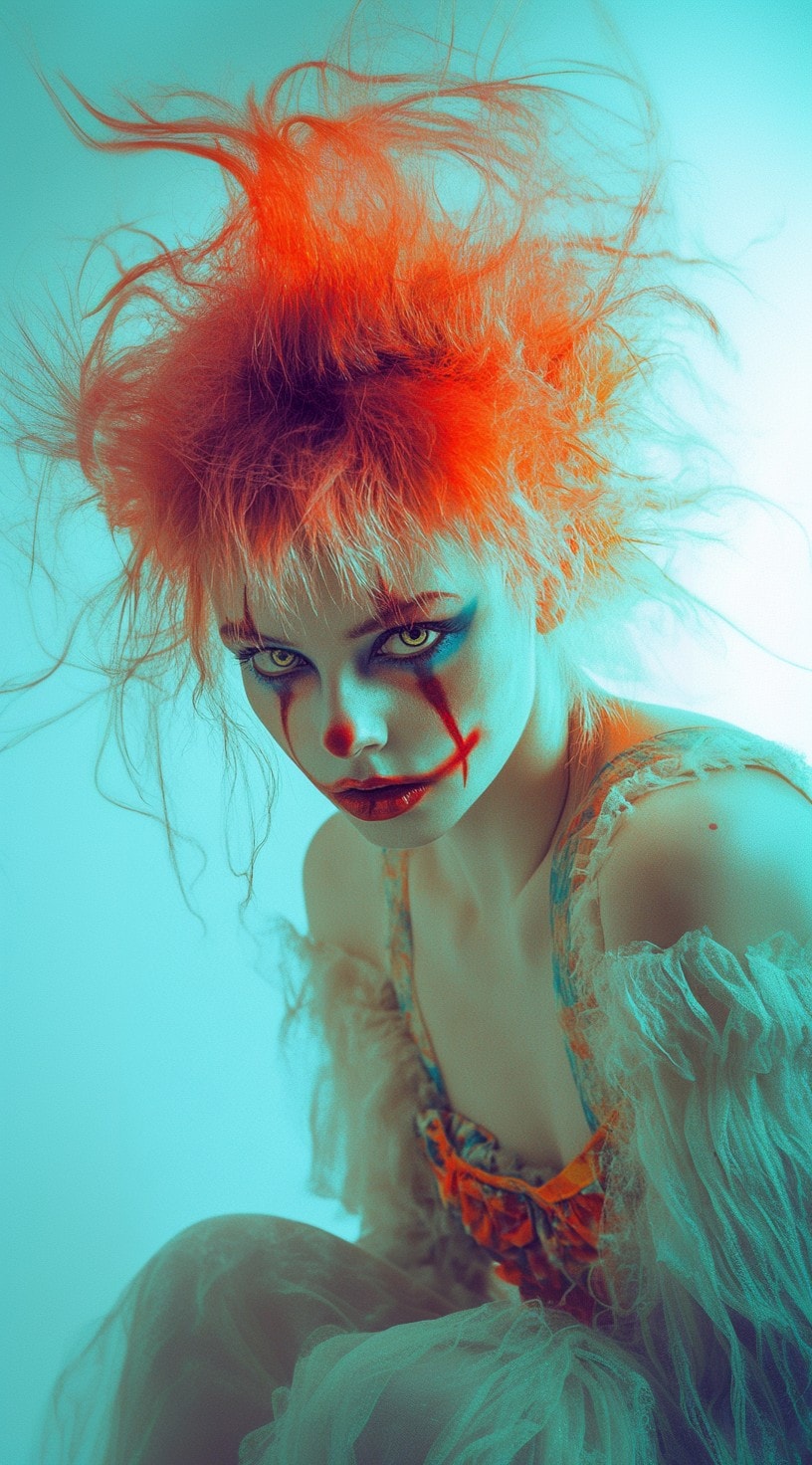 A person with wild, frizzy, flaming red hair styled in an exaggerated manner, paired with intense clown makeup.