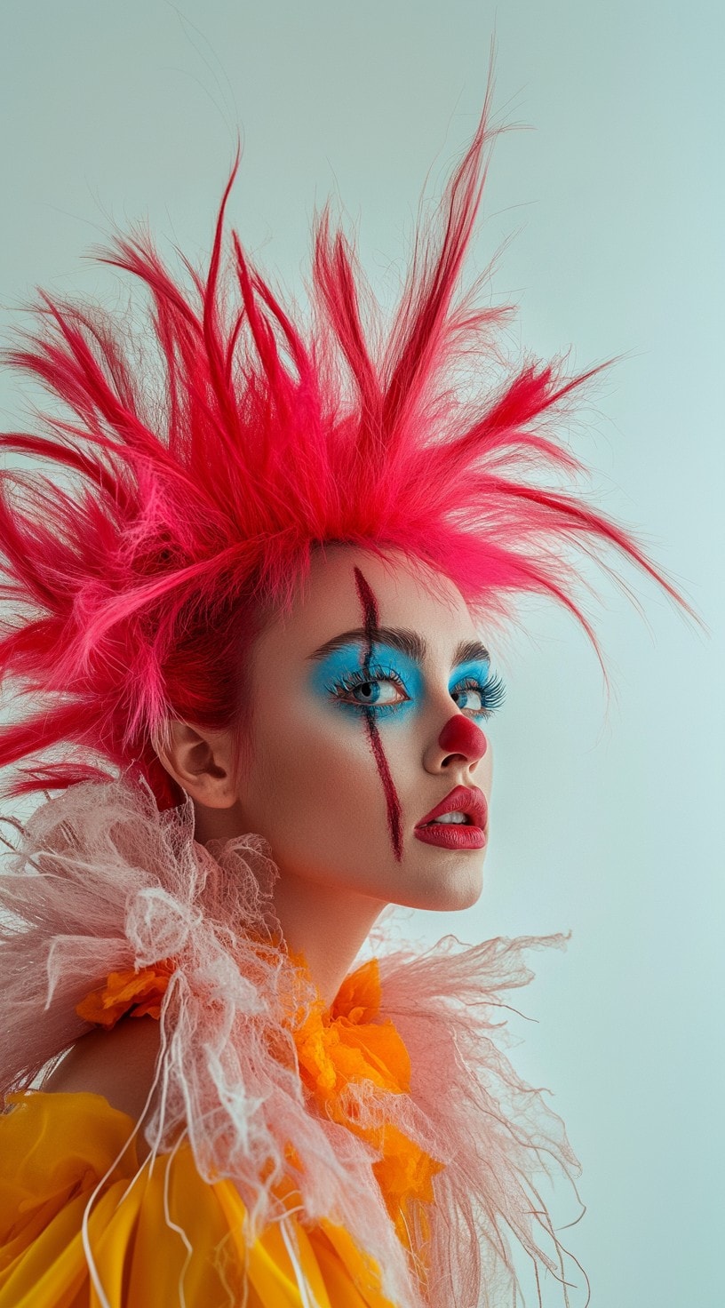 Neon pink spiked faux mohawk with clown makeup.