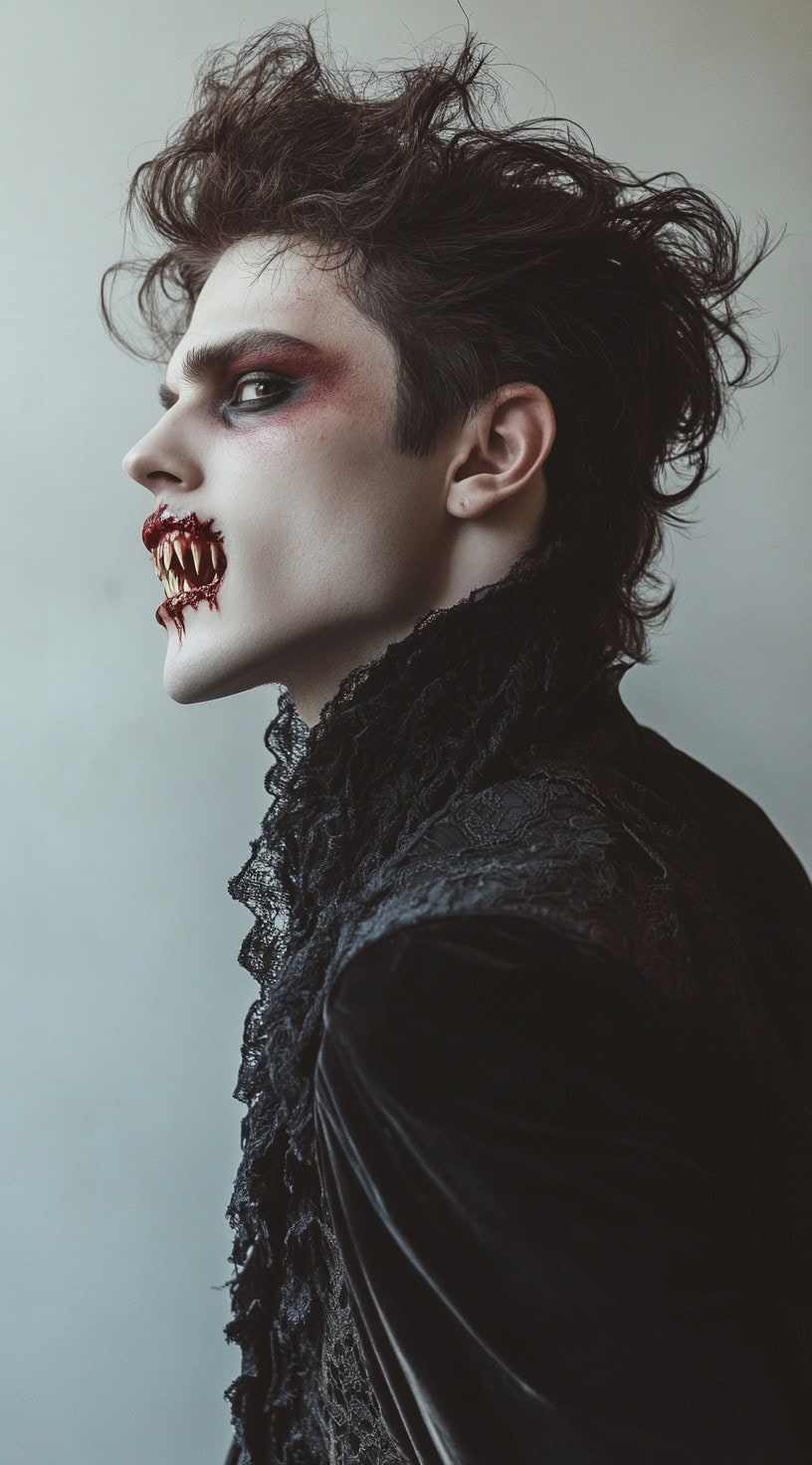 Side profile of a man with spiky hair and blood-red makeup around his mouth.