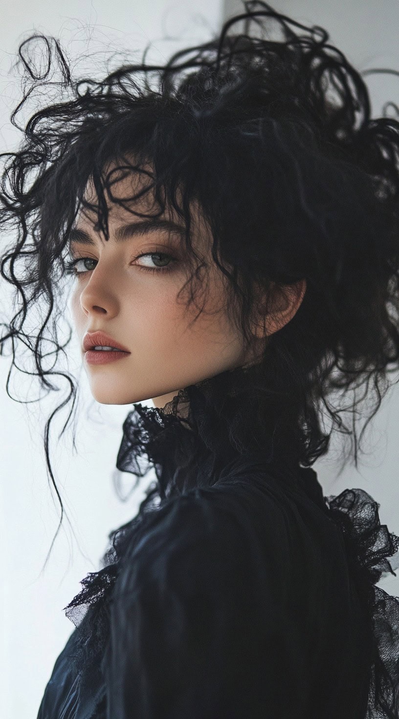 This photo shows a woman with messy, textured black curls styled in an updo.