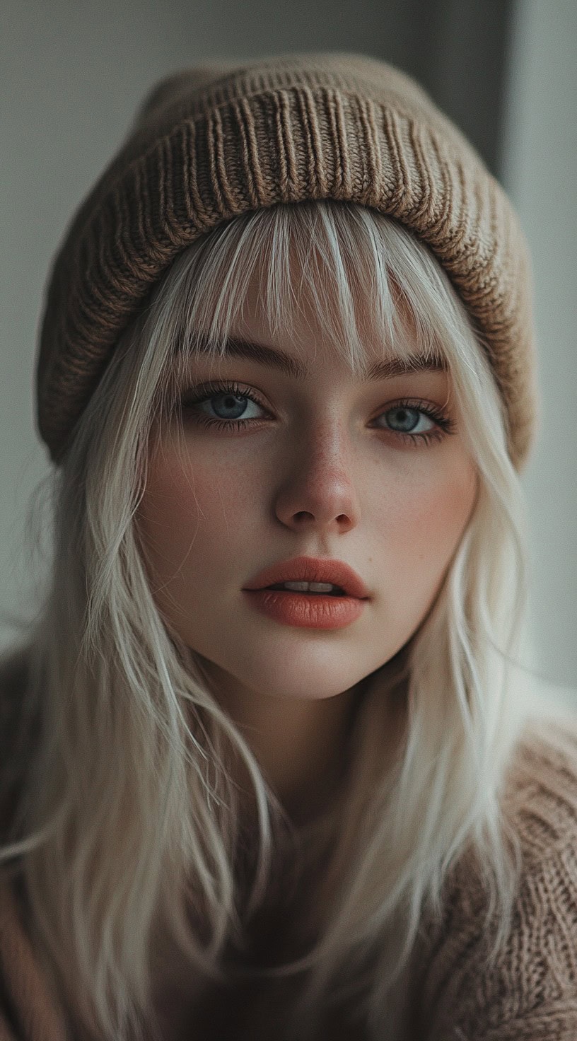 A young woman with straight, platinum blonde hair and wispy bangs wearing a beige beanie.