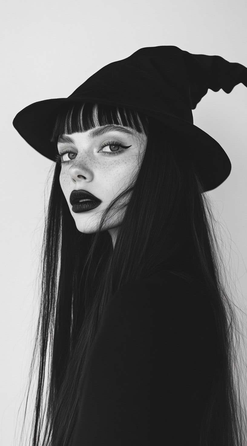 This photo depicts a woman with sleek hair, blunt bangs, and a small witch hat.