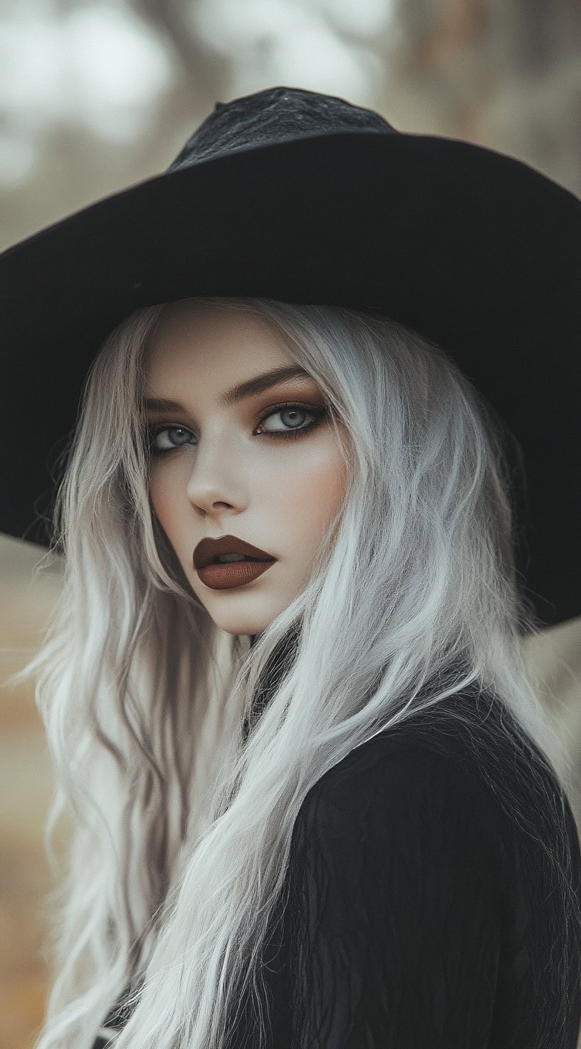 This image depicts a woman with long, messy waves and a witch hat, giving off a mysterious vibe.