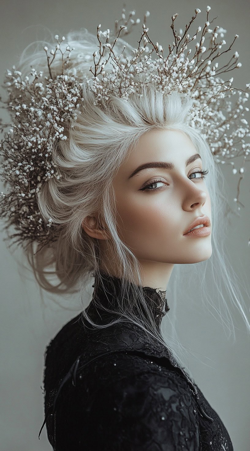 A woman with platinum blonde hair styled in an updo, adorned with delicate winter twig accessories.