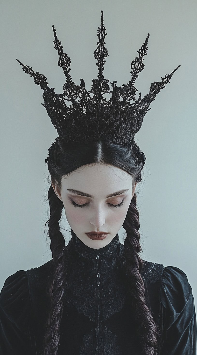 A woman with double low braids and a gothic tiara, looking down.