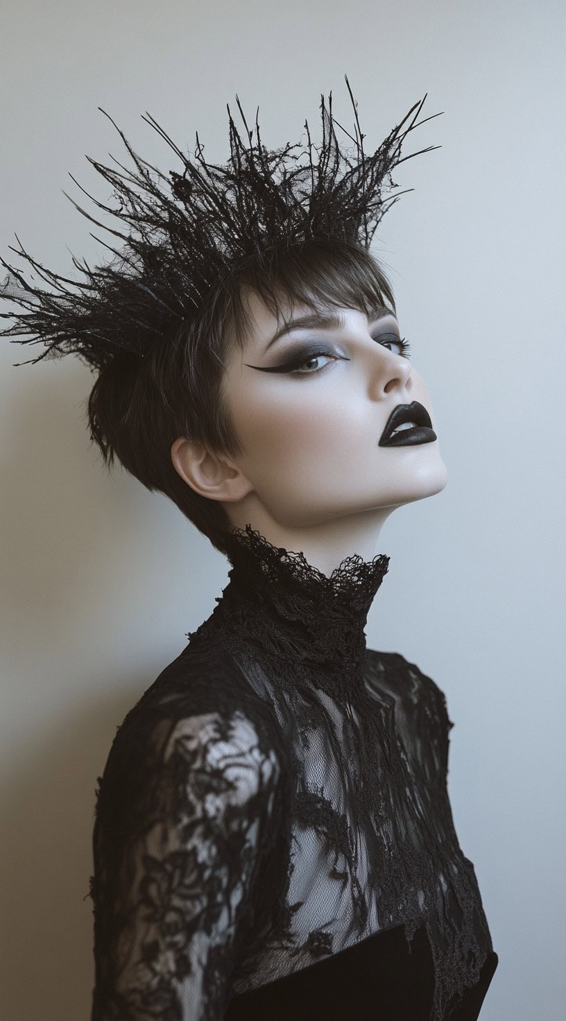 A woman with a pixie cut, wispy bangs, and a gothic crown.