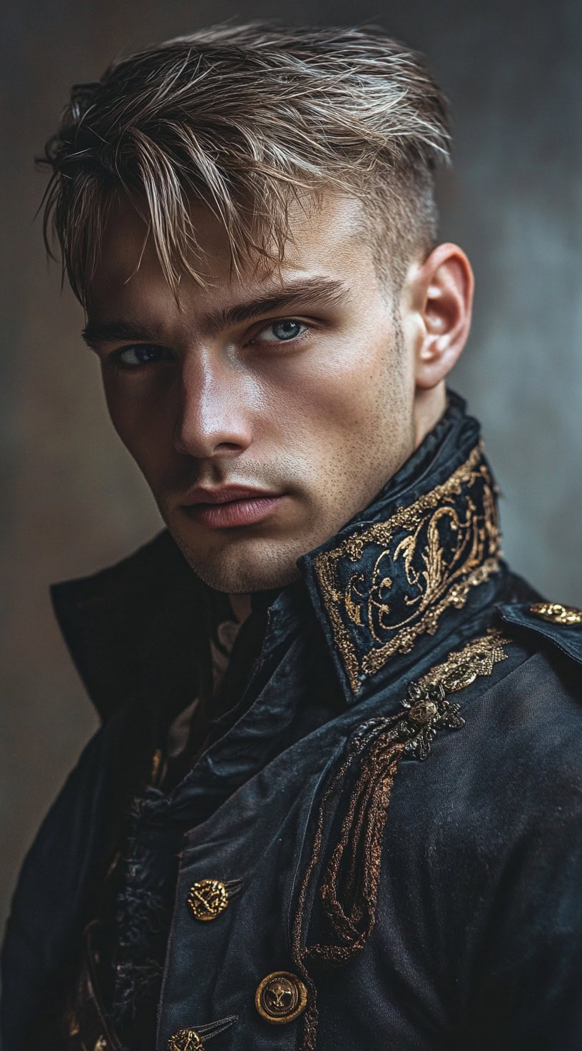 Man with an undercut hairstyle and a long fringe, wearing a detailed pirate captain coat.