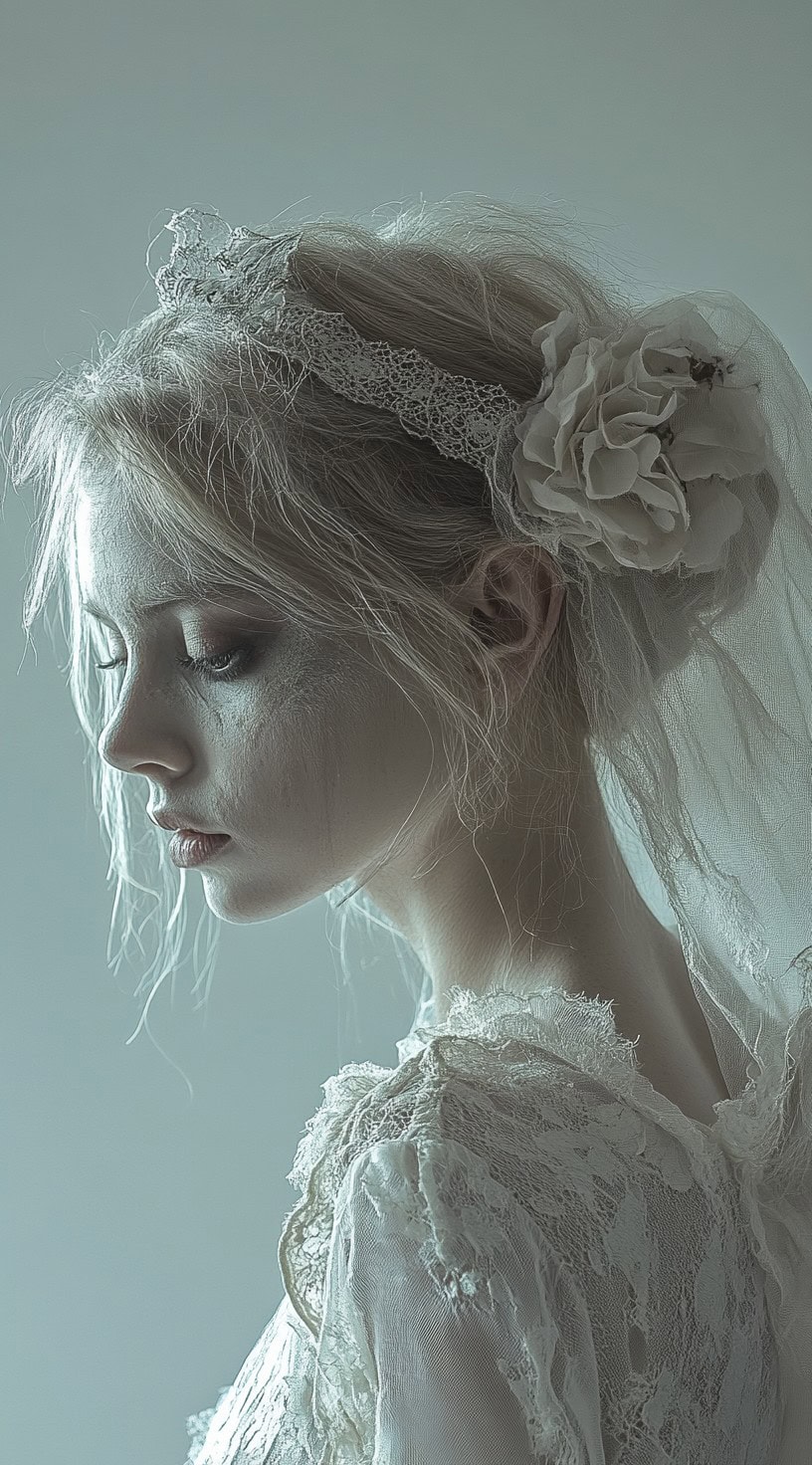 This photograph shows a woman with a messy updo adorned with bridal hair accessories, perfect for a zombie bride look.