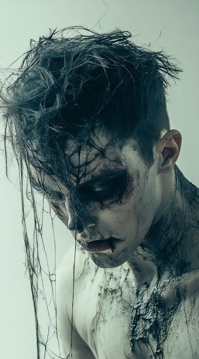 Zombie with messy hair entangled in fake cobwebs, creating a disheveled and eerie look.