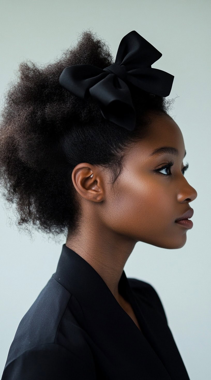 Side profile of a woman with an afro puff accentuated by an oversized black bow.