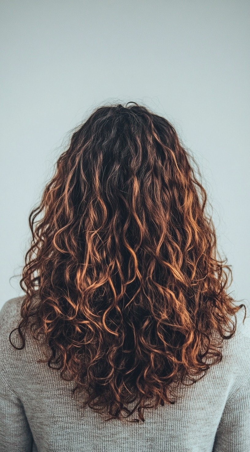 Curly dark brown hair with warm auburn highlights.