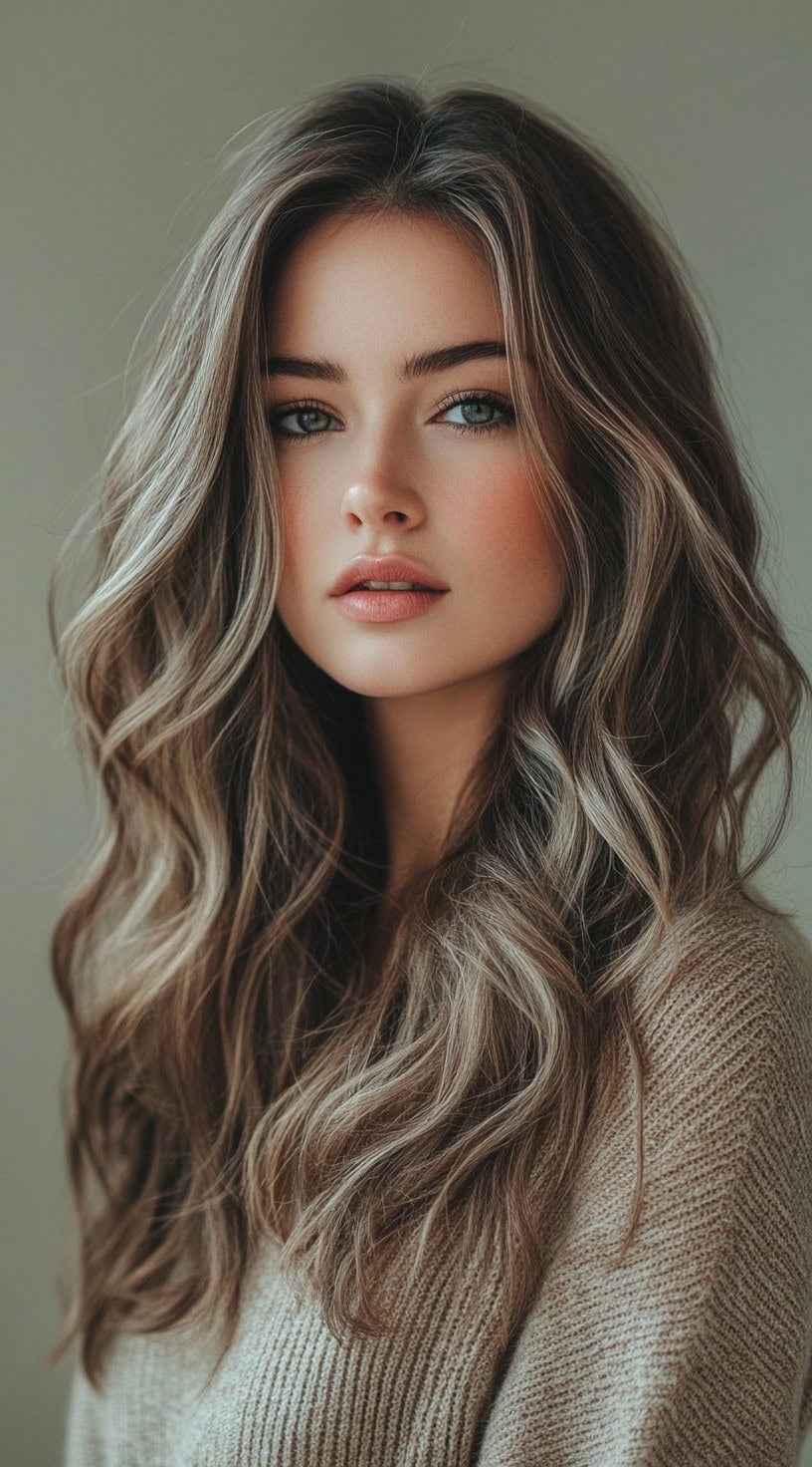 Portrait of a woman with bronde balayage, blending light brown and blonde tones in soft, textured waves.