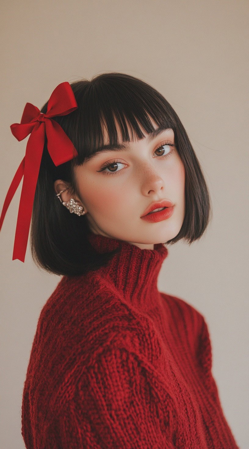 Front view of a sleek bob with bangs, accented with a red velvet bow placed on the side.