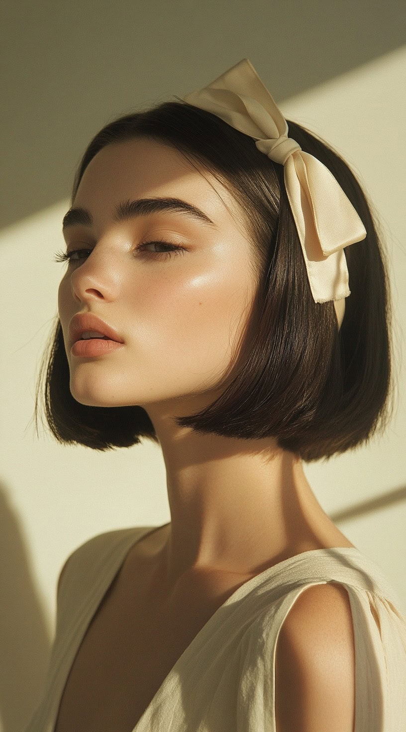 Side profile of a woman with a sleek bob hairstyle adorned with a large cream-colored bow.