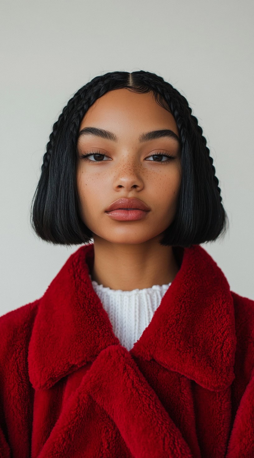 Front view of a woman with a short, straight bob and two sleek braids framing her face.