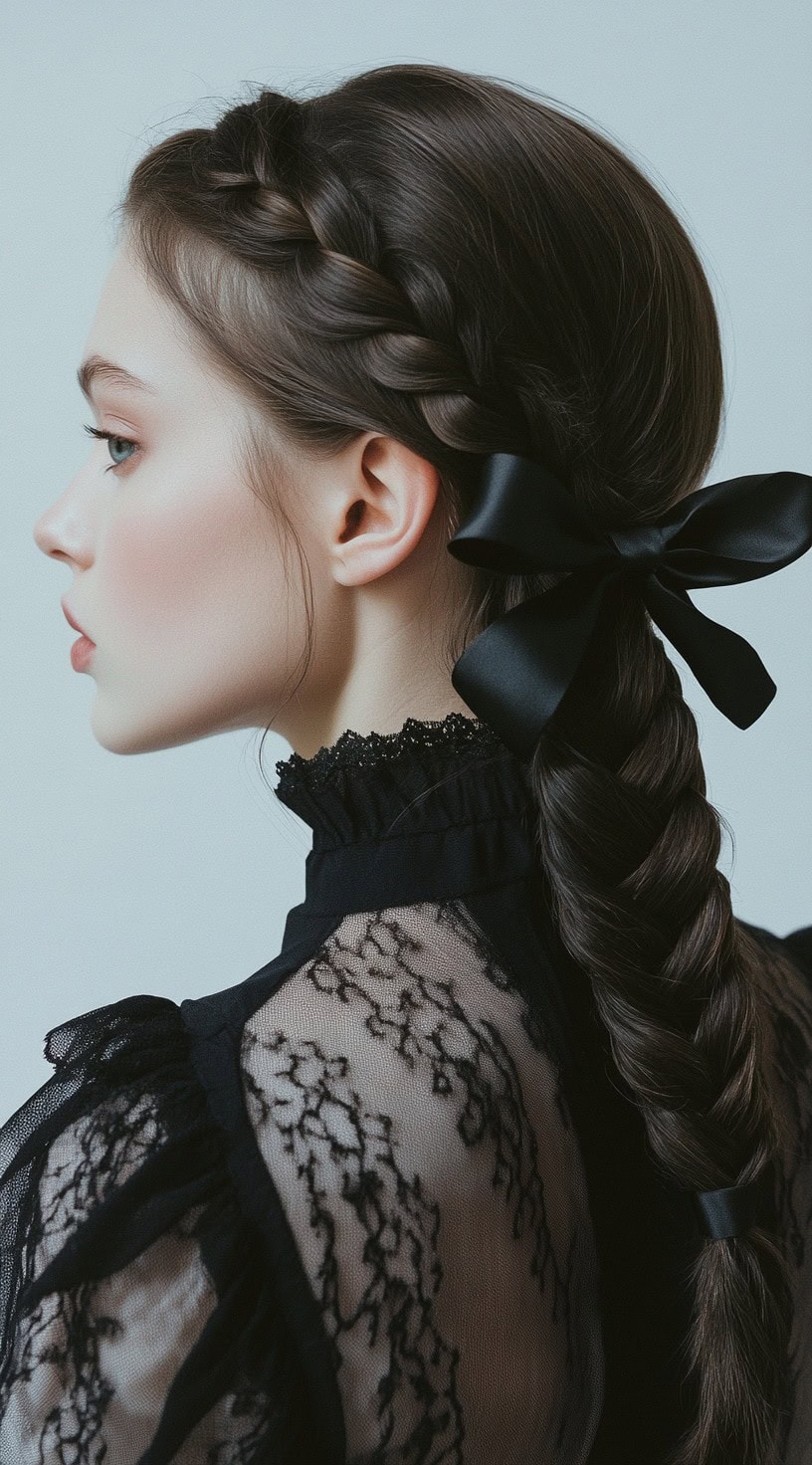 Side profile of a woman with a braided crown that transitions into a low braid, finished with a black bow.