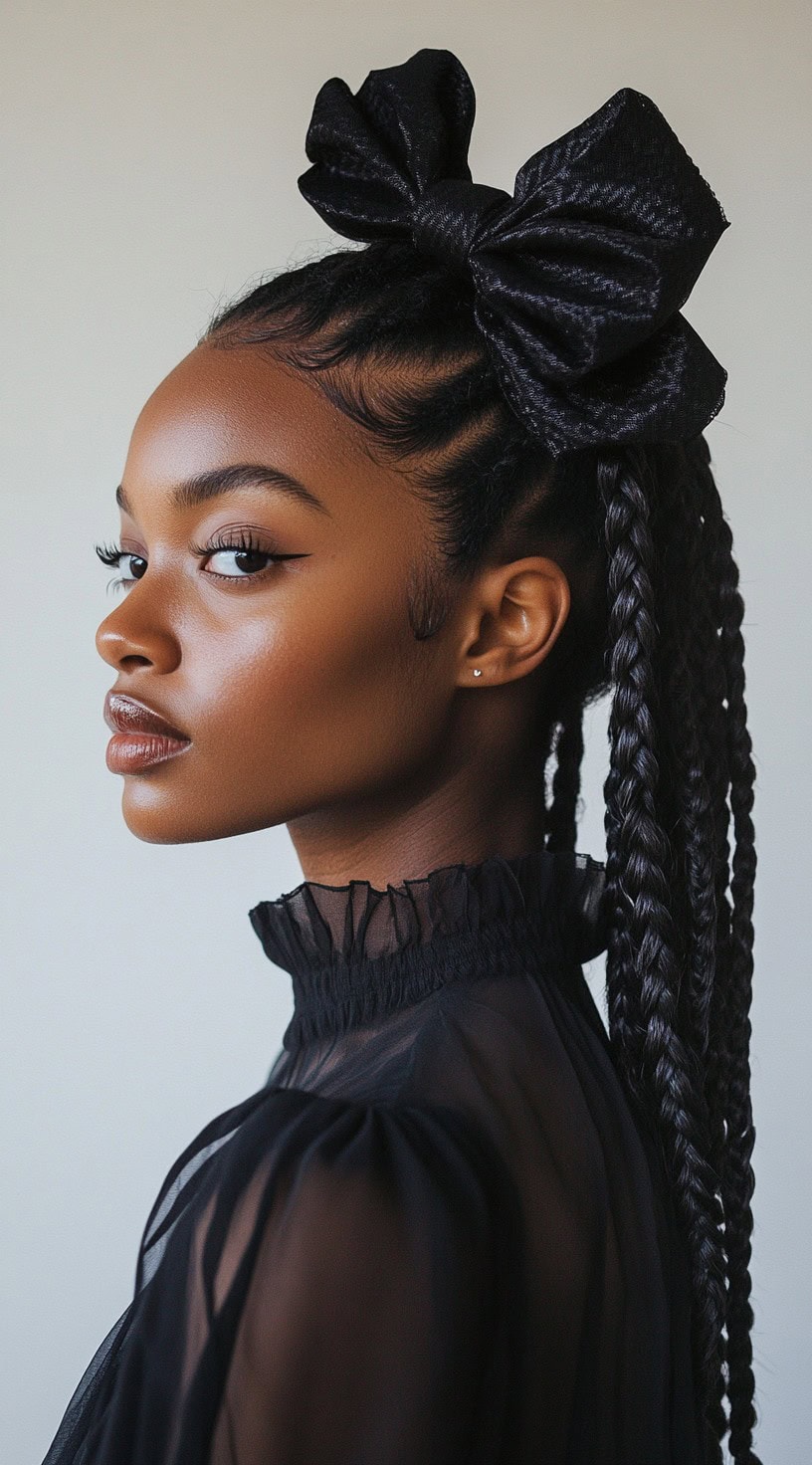 Side profile of a woman with a long, braided ponytail tied high with a large black bow.