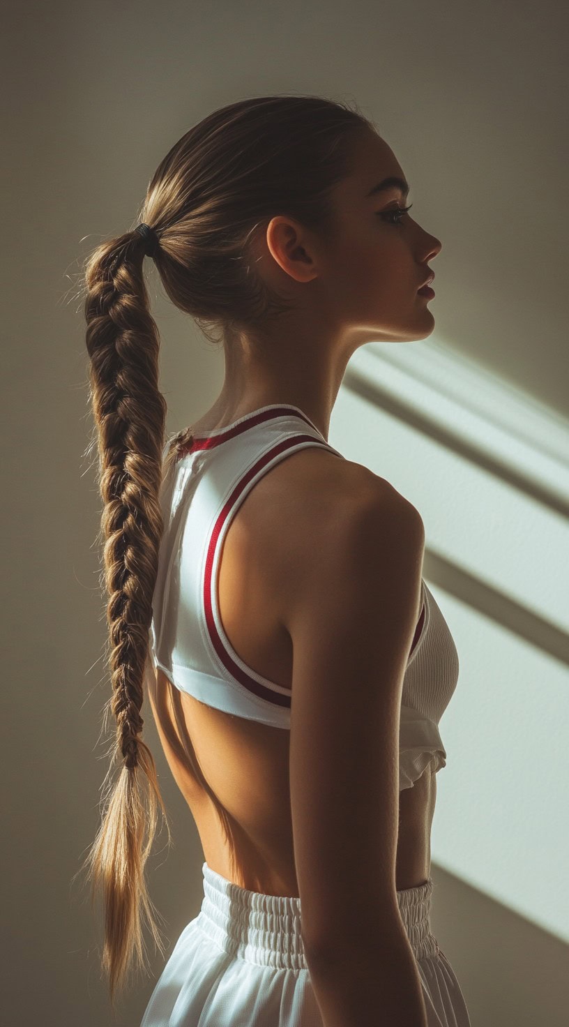 Profile view of a woman with a long, sleek ponytail, braided neatly down the back.