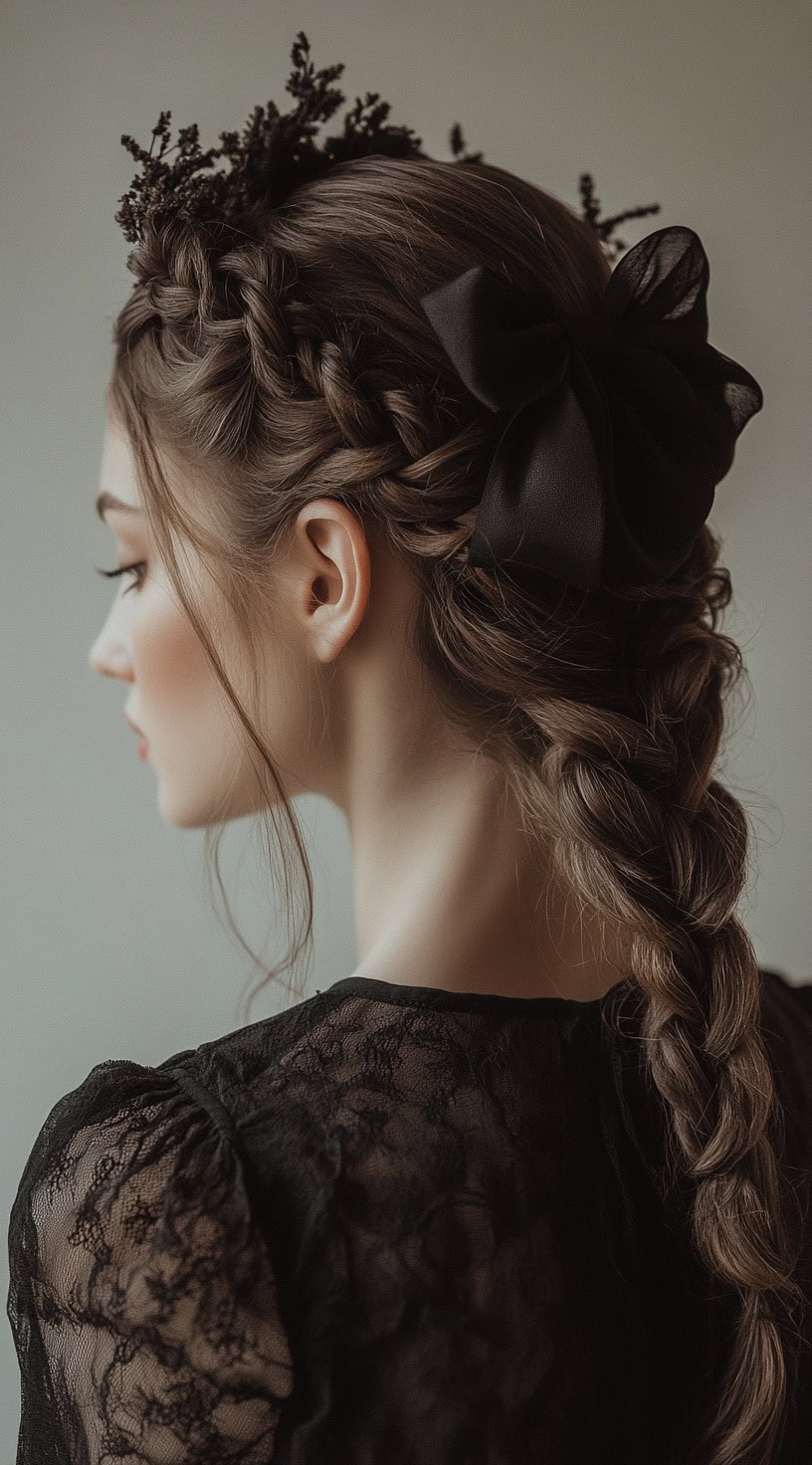 Side profile of a woman with a braided side sweep adorned with a large black bow.