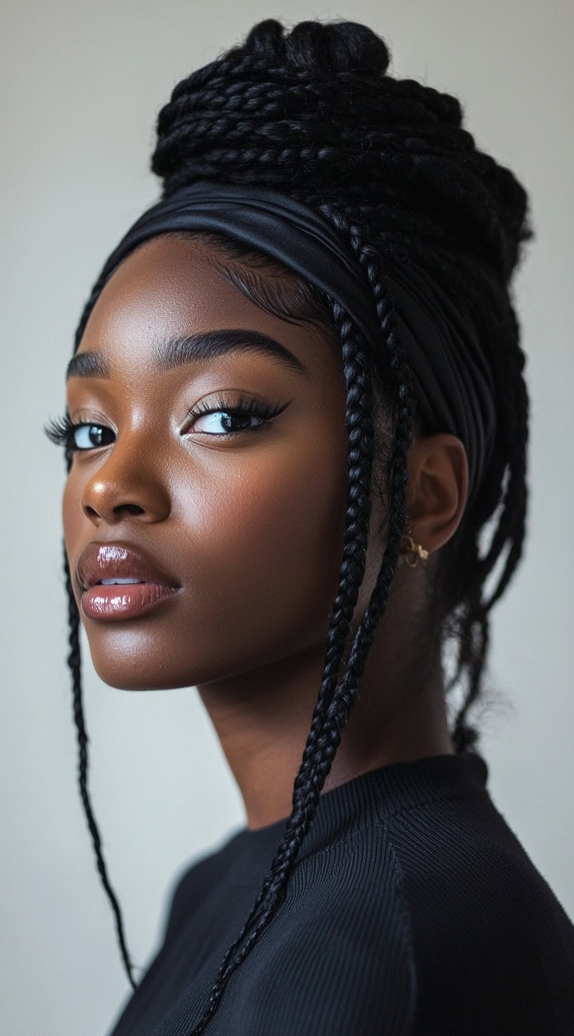 Close-up of a woman with a braided updo and a black thick headband.