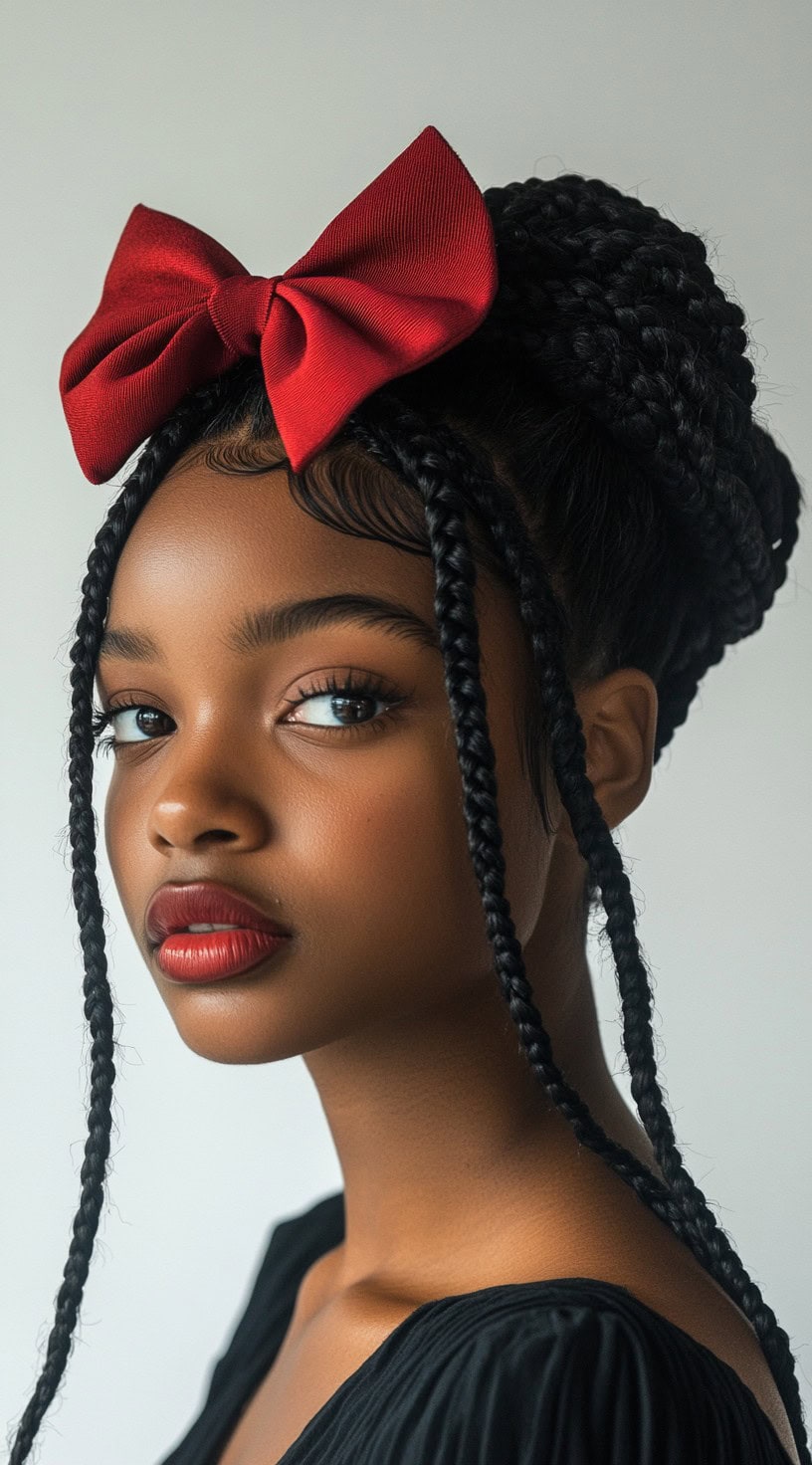 Front view of a woman with a braided updo adorned with a large red bow.