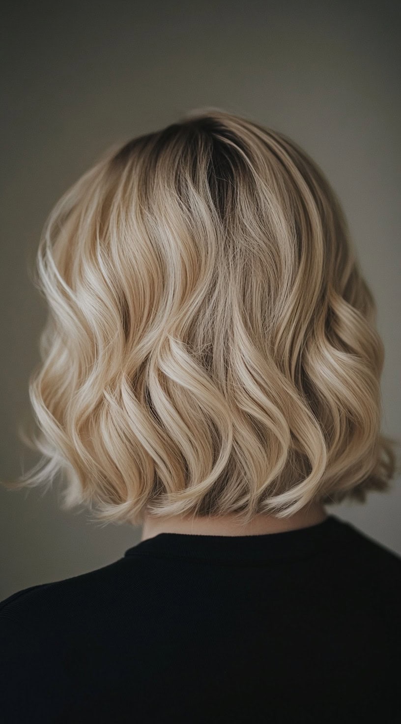 Back view of a short, wavy bob with buttery blonde highlights and dark brown lowlights.