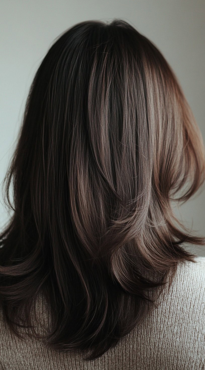 Dark chestnut brown hair with cool undertones giving a muted, wintery effect.