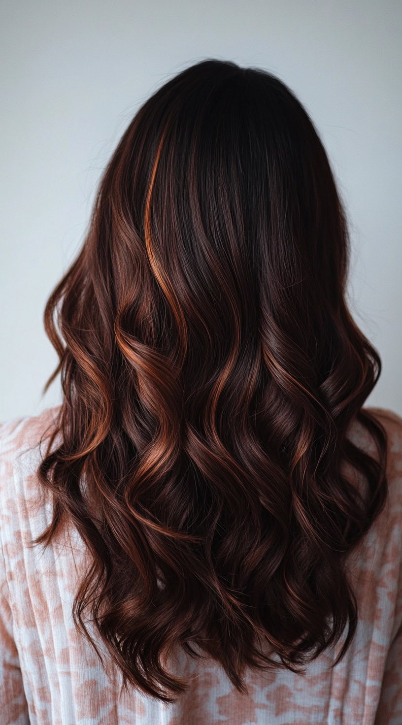 Rich chocolate brown waves with subtle copper streaks for dimension.