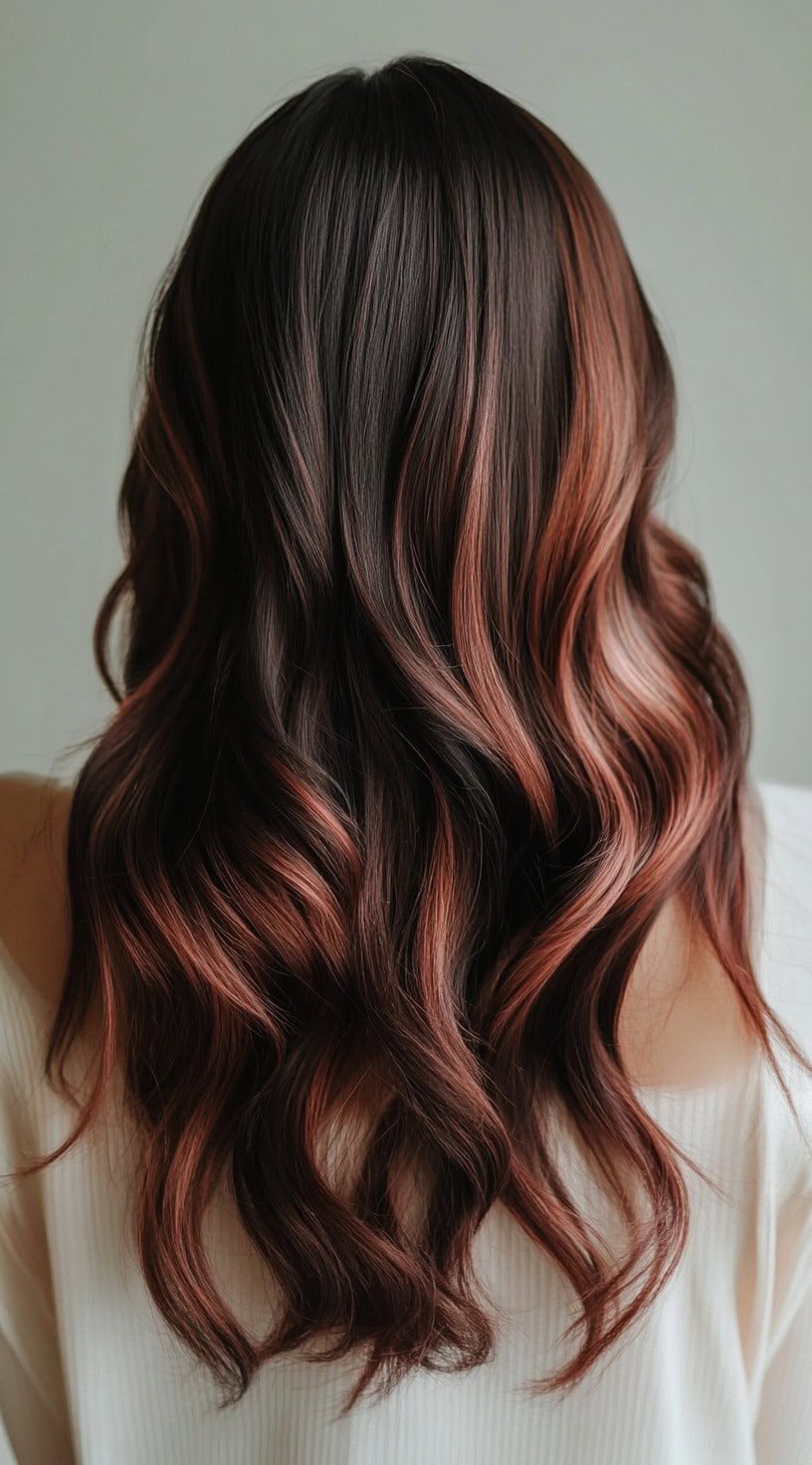 Dark brown waves with rose gold streaks adding warmth and dimension.