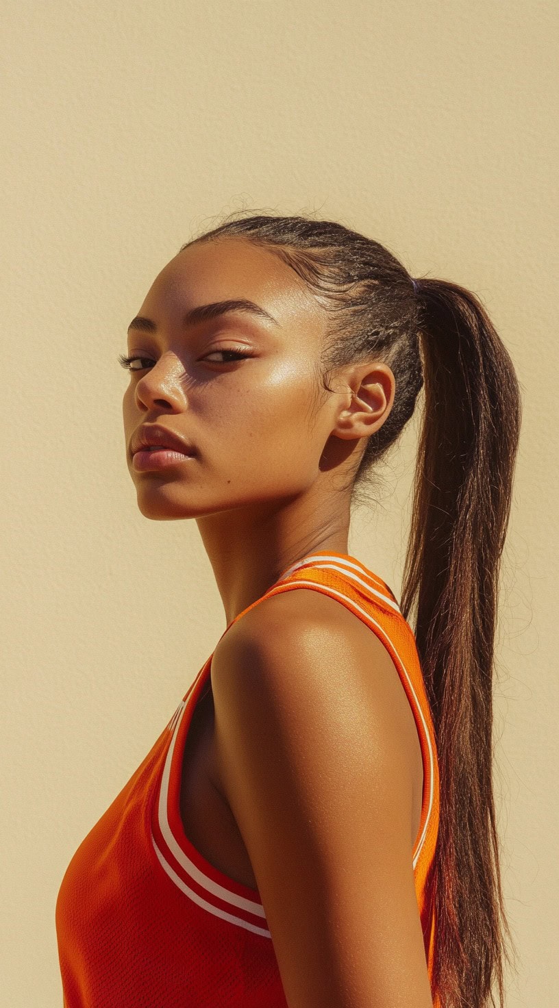 Profile view of a woman with sleek, straight hair pulled back into a simple high ponytail.