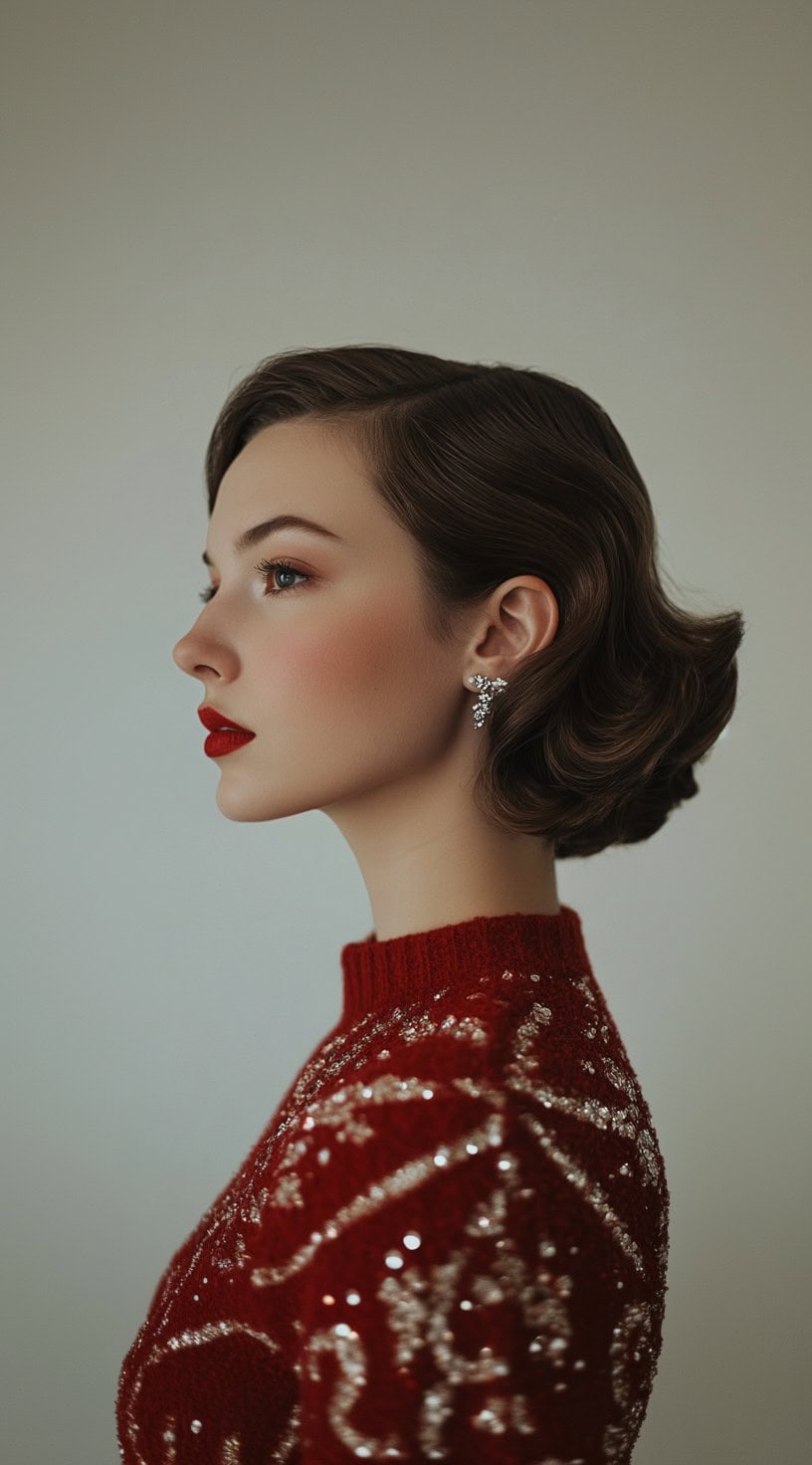 Side view of a woman with retro-style waves in a sleek, short bob, paired with bold red lips.