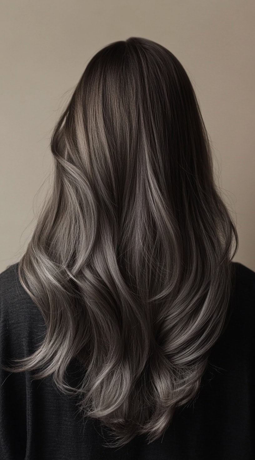 Back view of cool ash brown hair with icy undertones and a sleek finish.