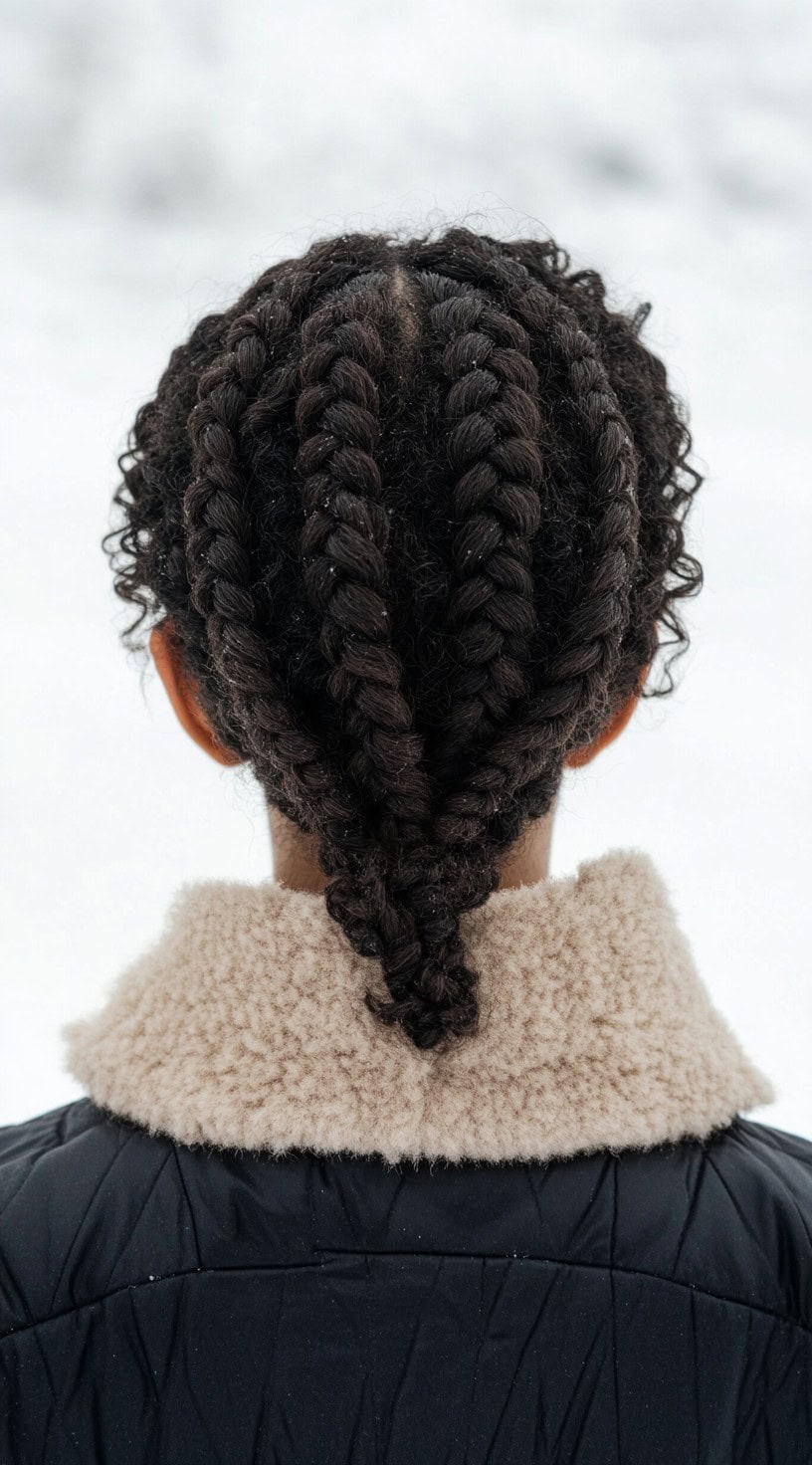 Back view of a person with natural curly hair styled into neat cornrow braids, perfect for under a ski helmet.