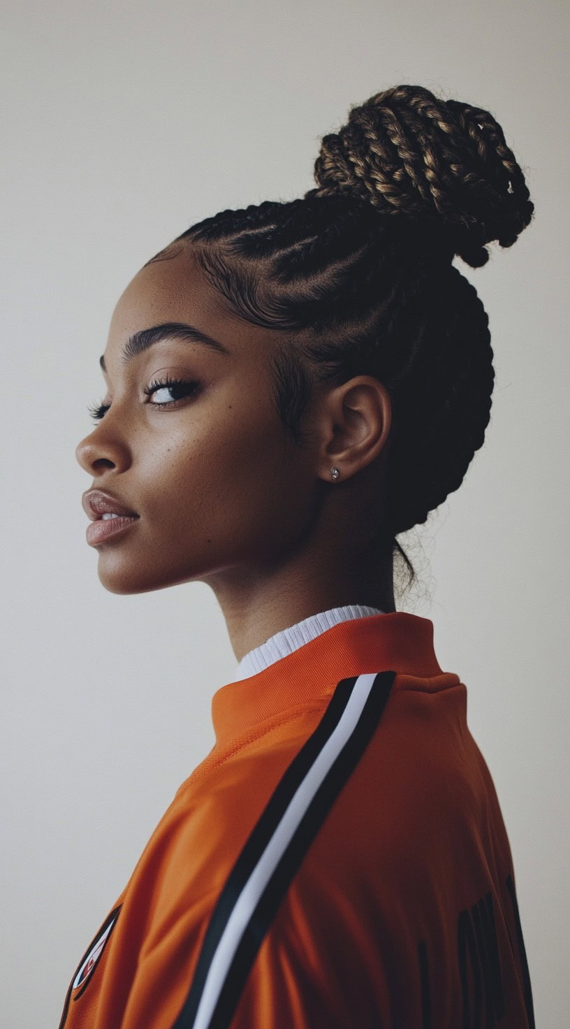 Profile view of a woman with tightly braided cornrows styled into a high bun.