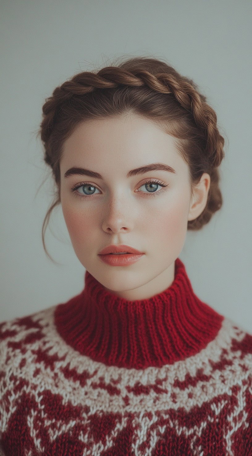 Front view of a woman with a crown braid wrapped around her head, paired with a red festive sweater.