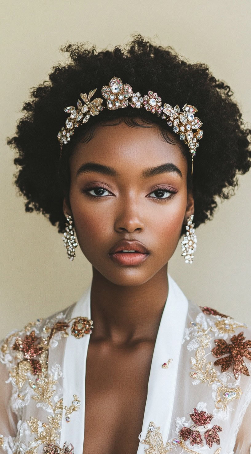 Front view of a woman with a natural afro wearing an ornate jeweled headband and matching earrings.