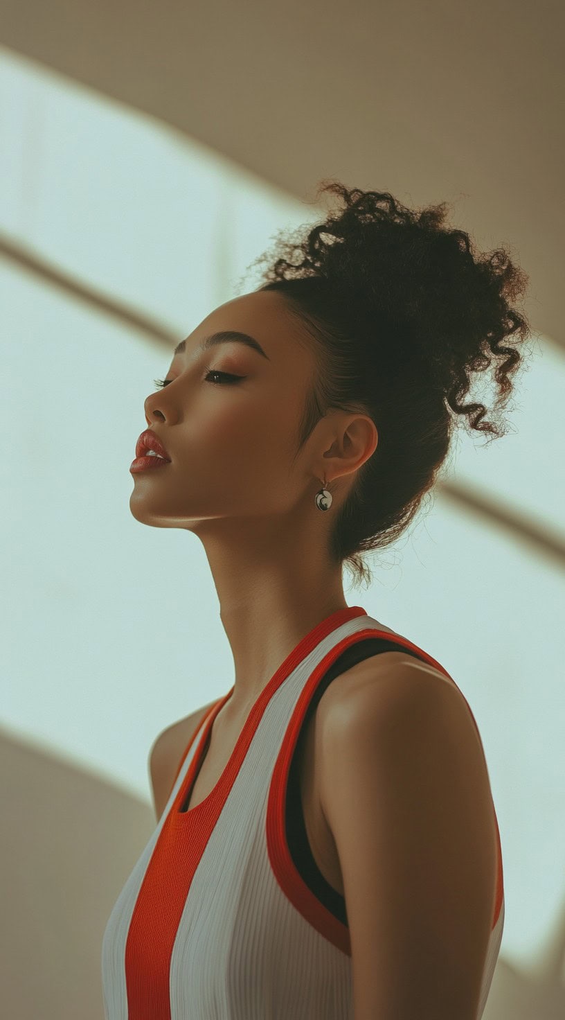 Profile view of a woman with voluminous curls gathered into a high bun at the top of her head.