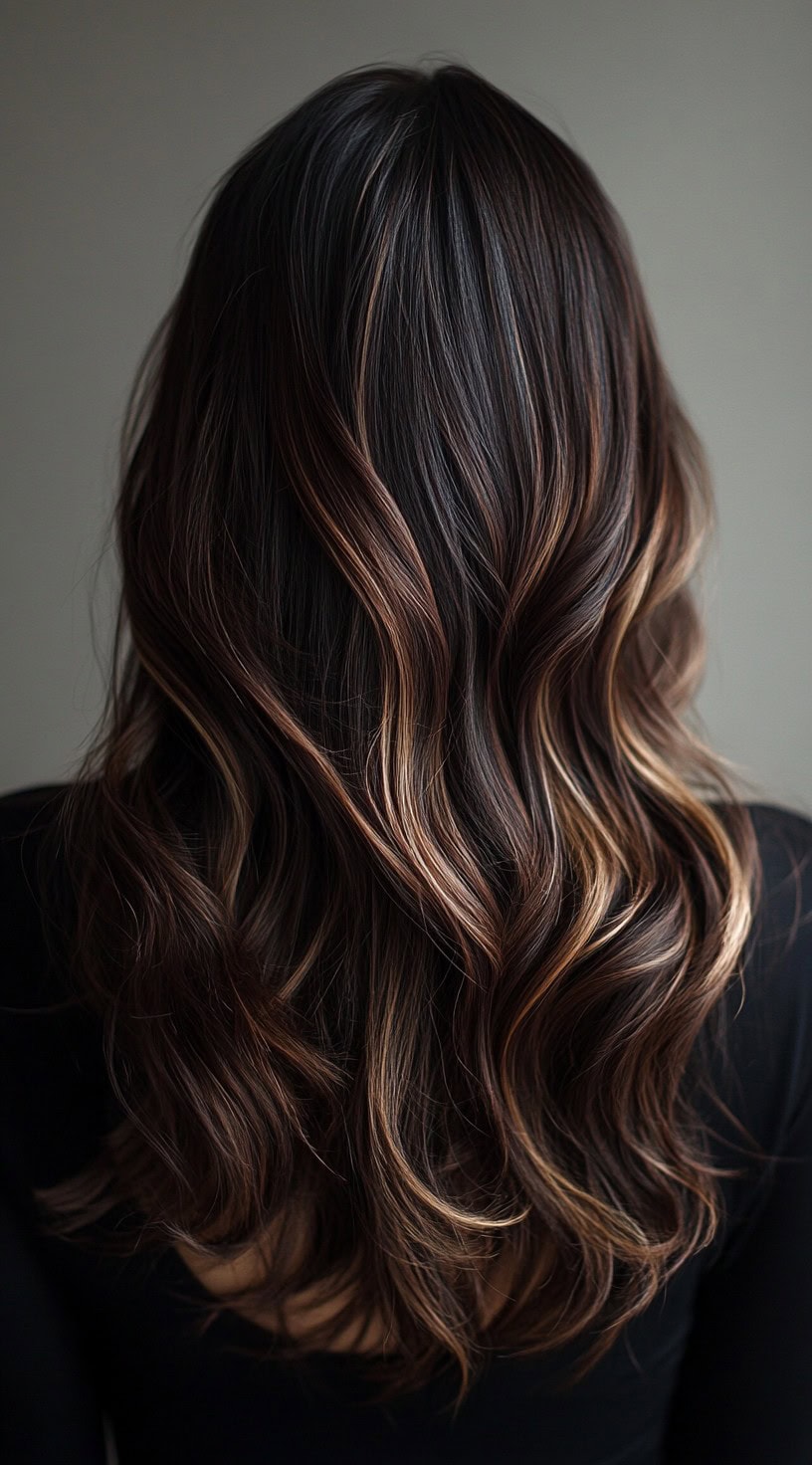 Back view of dark brown hair with warm caramel highlights softly blended into waves.