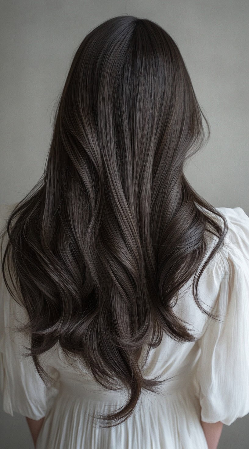 Back view of long, dark mocha brown hair with a smooth, shiny finish.