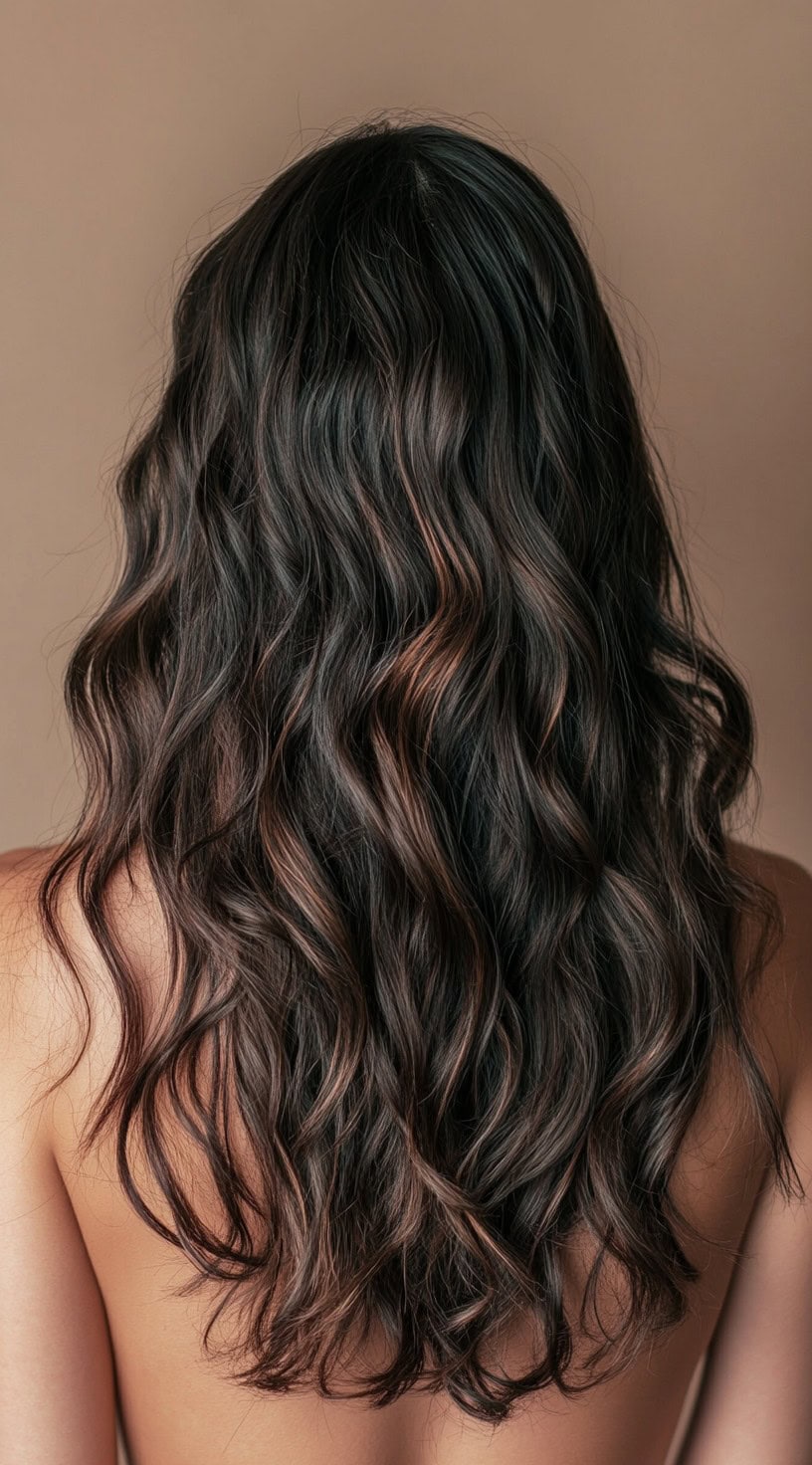 Dark mocha brown hair with hidden auburn streaks and natural waves.