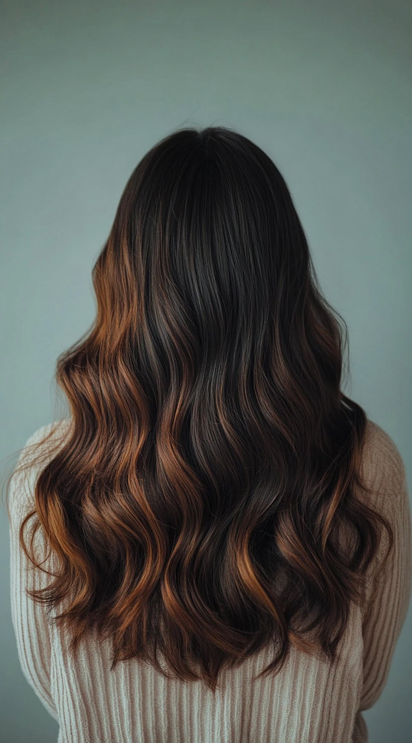 Long dark brown hair with a deep copper ombre that gradually brightens toward the ends.