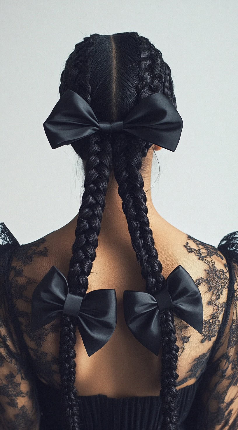 Back view of a woman with double braids, each adorned with large black bows.