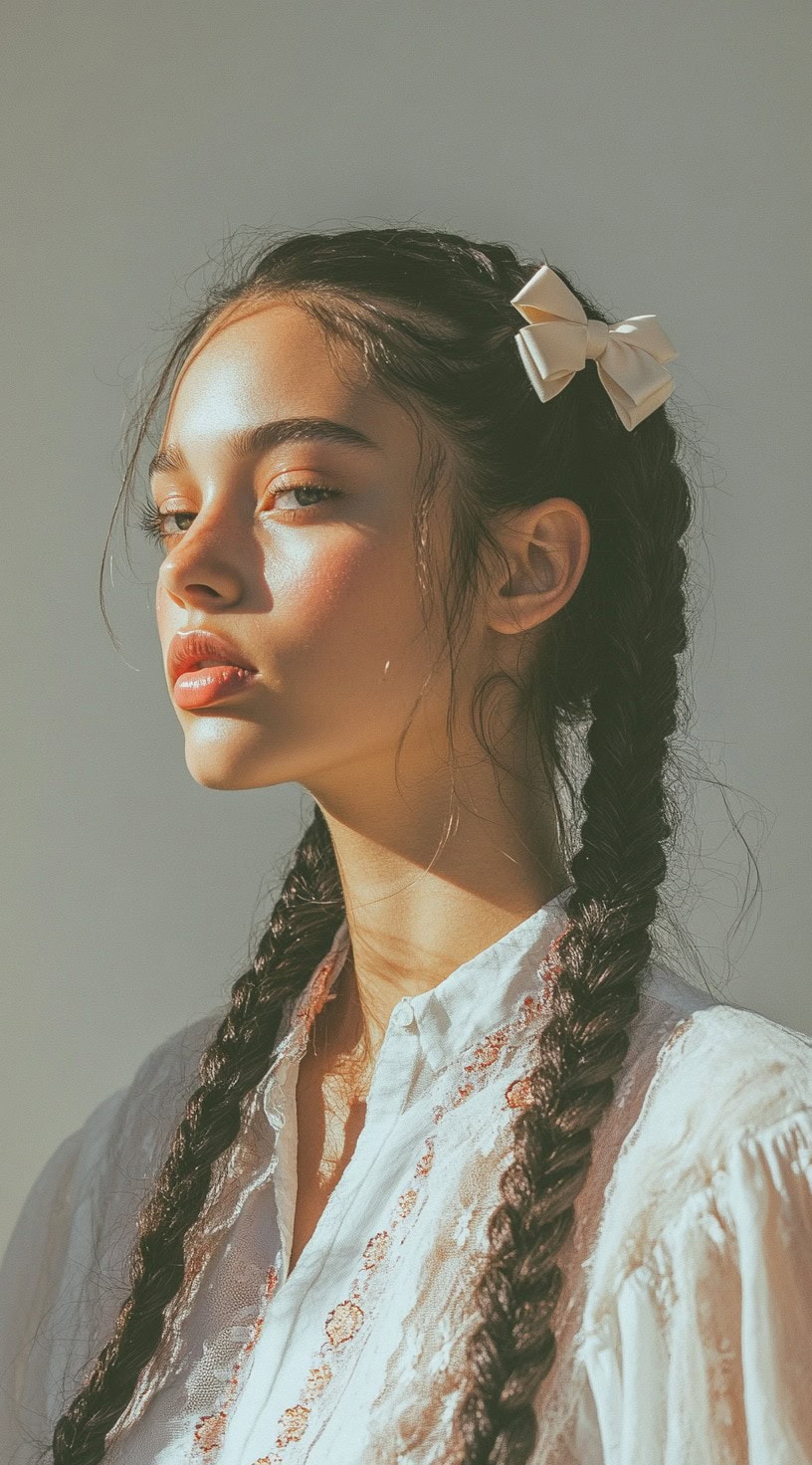 Front view of a woman with double braids and a small white bow on the side.