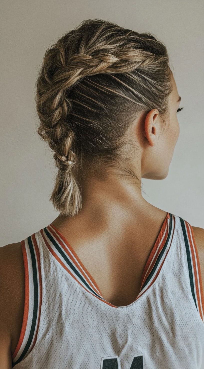 In this image, the person has two Dutch braids starting from the crown, leading into a ponytail.